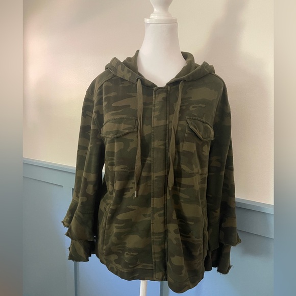 Anthropologie Sanctuary Green Cotton Camouflaged Hooded Bell Long Sleeve Jacket - Picture 5 of 13